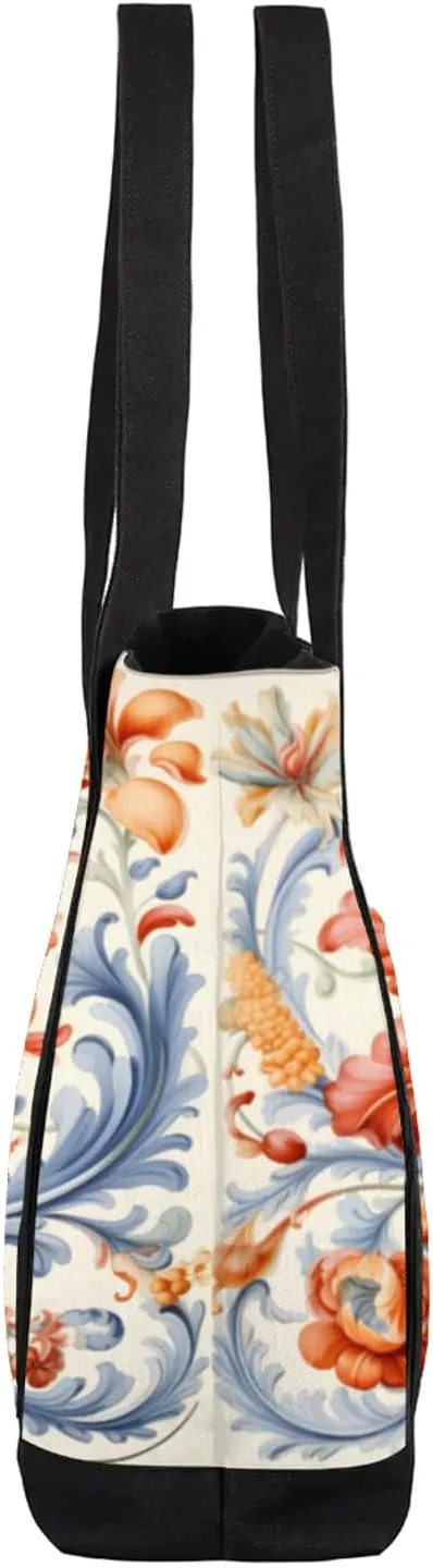 Watercolor Blue Wildflower Canvas Tote Bag Casual Shoulder Handbag Large Shopping Bags With 5 Pocket