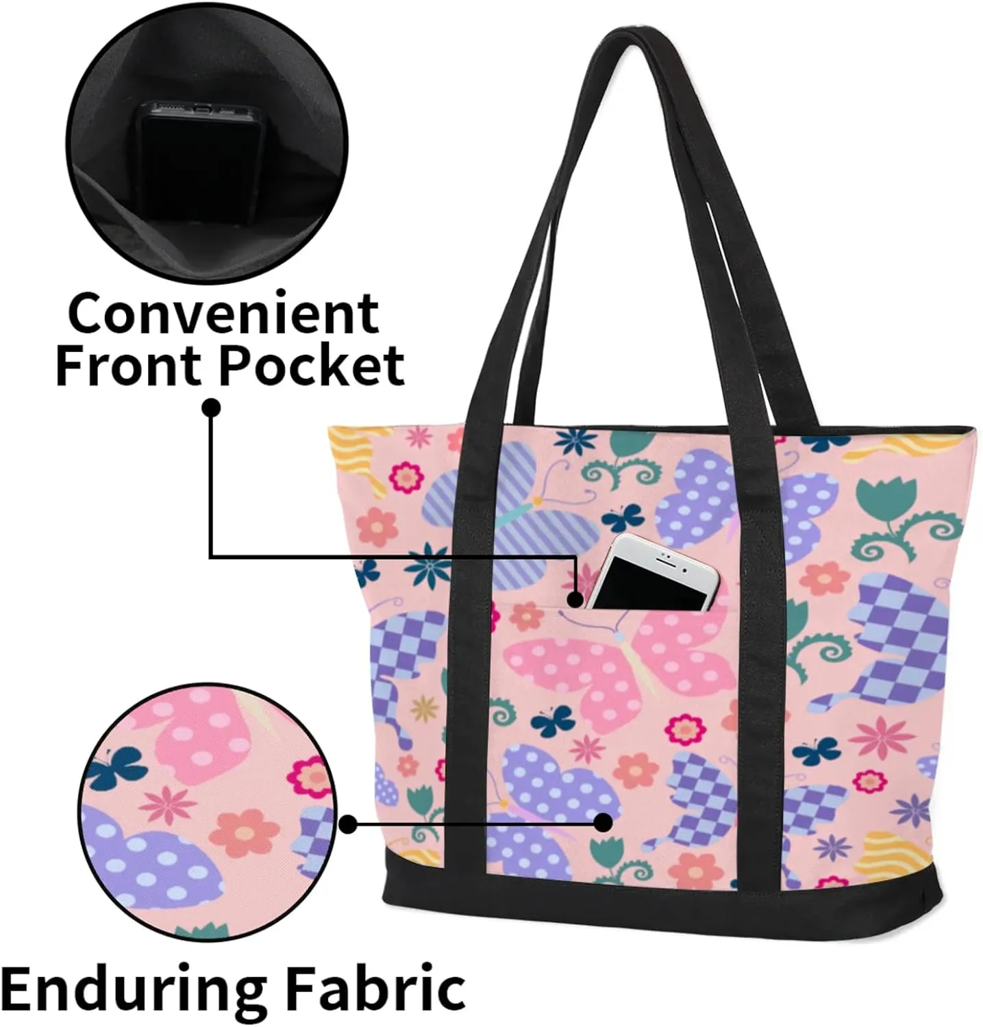 Watercolor Blue Wildflower Canvas Tote Bag Casual Shoulder Handbag Large Shopping Bags With 5 Pocket