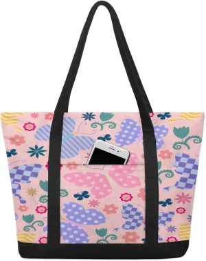 Watercolor Blue Wildflower Canvas Tote Bag Casual Shoulder Handbag Large Shopping Bags With 5 Pocket