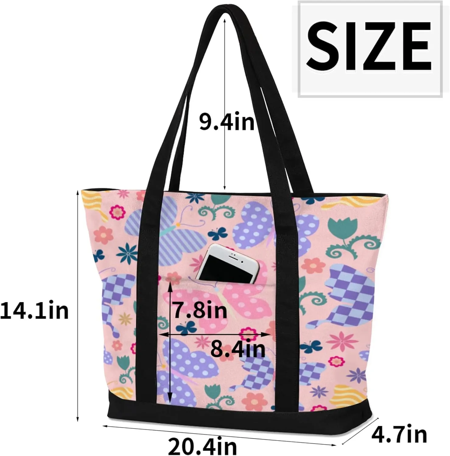 Watercolor Blue Wildflower Canvas Tote Bag Casual Shoulder Handbag Large Shopping Bags With 5 Pocket