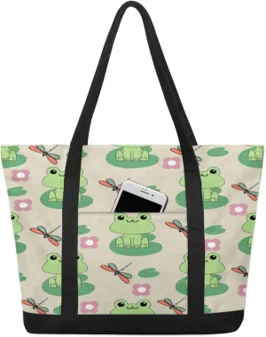 Watercolor Blue Wildflower Canvas Tote Bag Casual Shoulder Handbag Large Shopping Bags With 5 Pocket