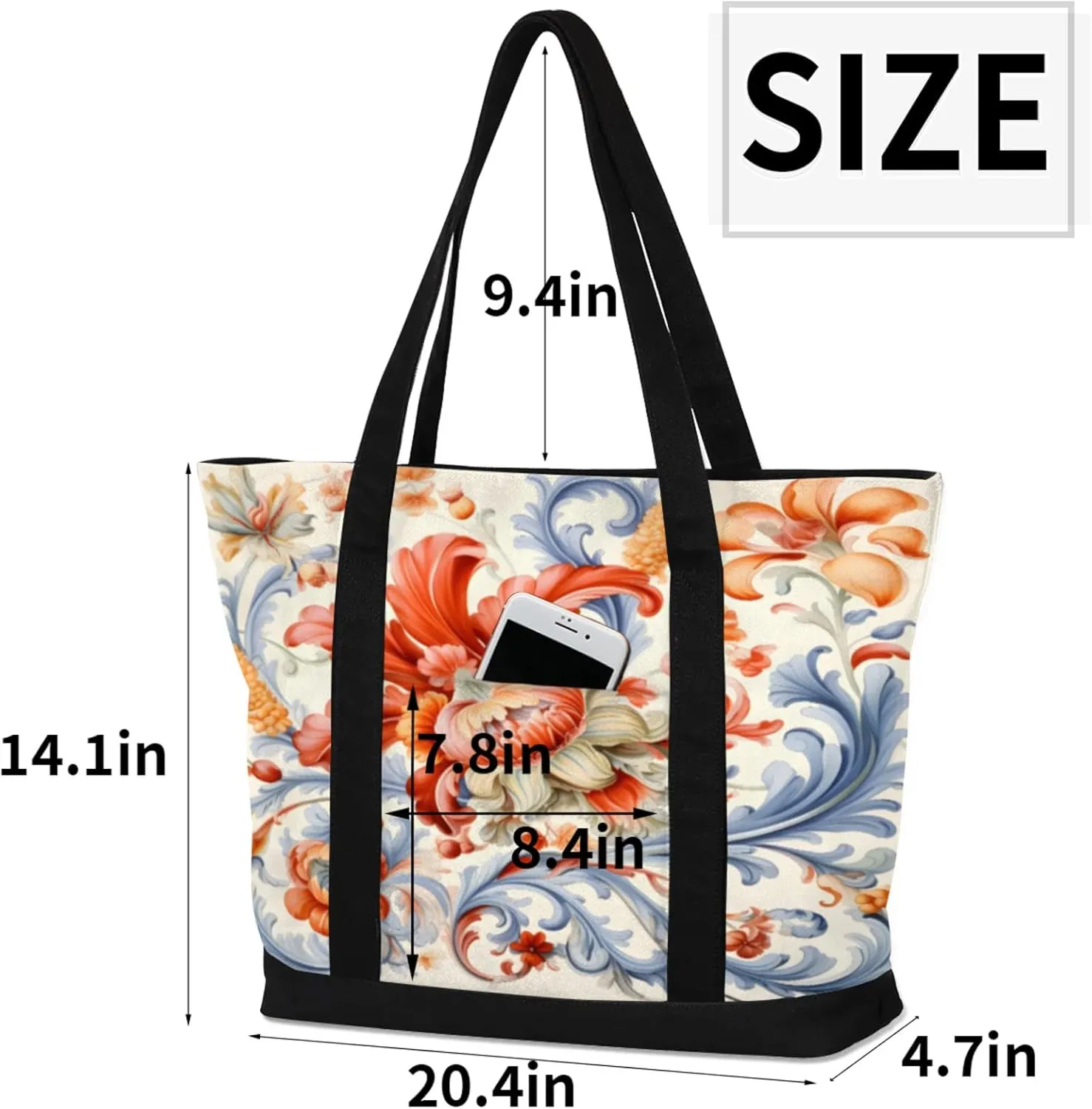 Watercolor Blue Wildflower Canvas Tote Bag Casual Shoulder Handbag Large Shopping Bags With 5 Pocket