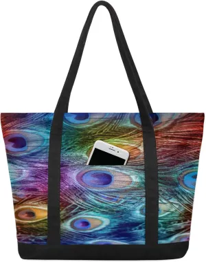 Watercolor Blue Wildflower Canvas Tote Bag Casual Shoulder Handbag Large Shopping Bags With 5 Pocket
