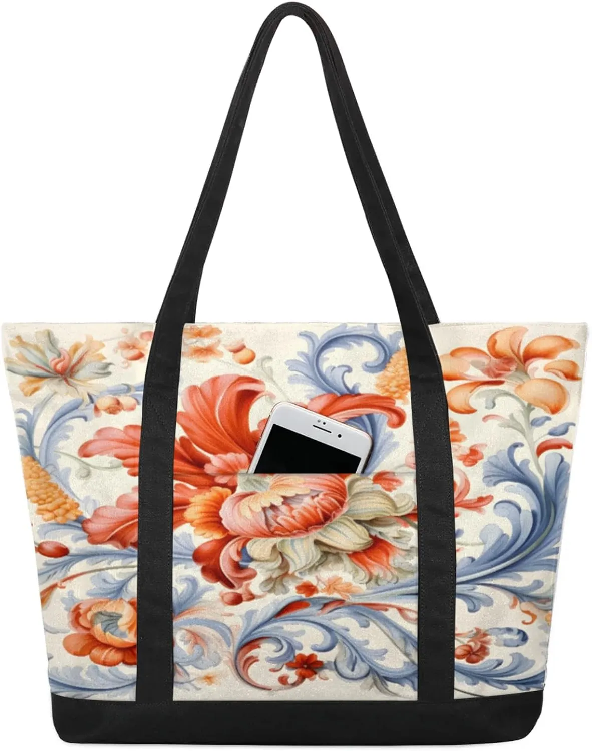 Watercolor Blue Wildflower Canvas Tote Bag Casual Shoulder Handbag Large Shopping Bags With 5 Pocket