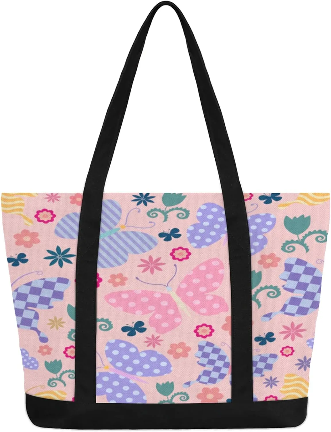 Watercolor Blue Wildflower Canvas Tote Bag Casual Shoulder Handbag Large Shopping Bags With 5 Pocket