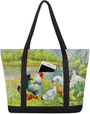 Watercolor Hen And Chicks Tote Bag Tote Bag for Women Reusable Grocery Shopping Cloth Bags with Zipper Large Capacity Foldable Handbag Gym Bag for Gift Activity