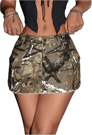 WDIRARA Women's Y2K Low Waist Denim Mini Skirts Bodycon Cargo Skirts with Flap Pockets