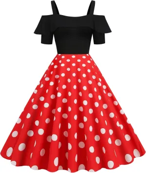 Wellwits Women's Off Shoulder Strap Polka Dots 1950s Vintage Dress