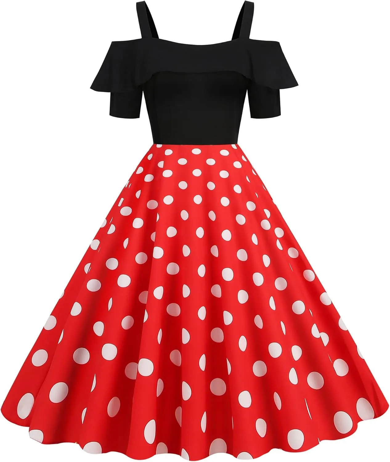 Wellwits Women's Off Shoulder Strap Polka Dots 1950s Vintage Dress