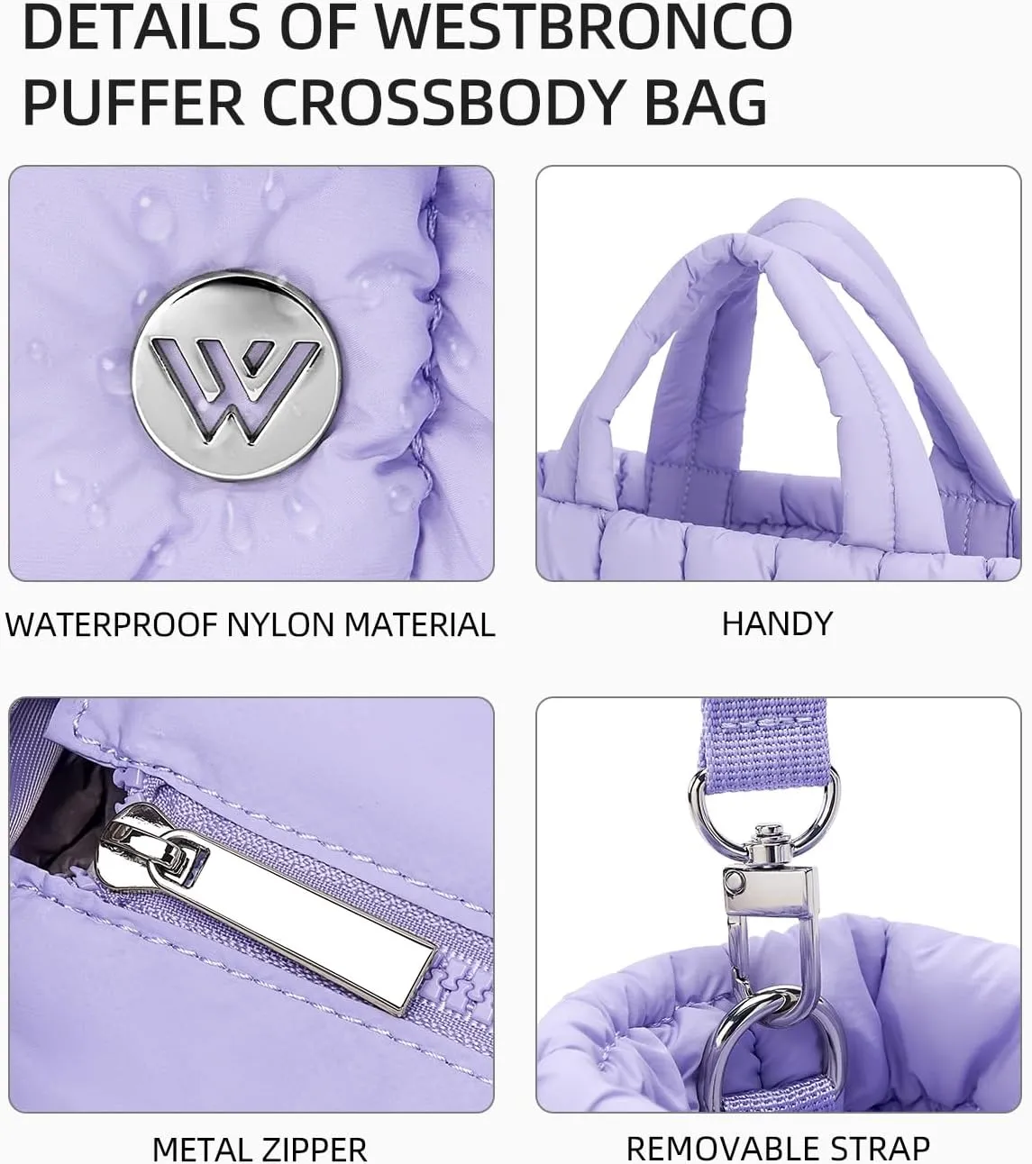 WESTBRONCO Mini Puffer Bag Quilted Crossbody Bags for Women Small Puffy Purse Nylon Shoulder Handbag with Adjustable Strap
