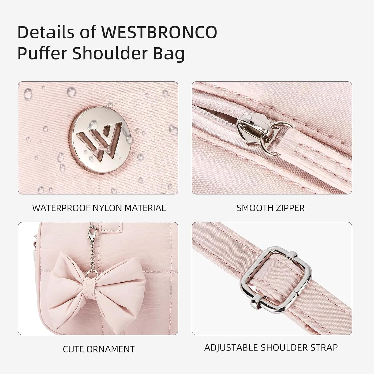 WESTBRONCO Puffer Crossbody bags for Women Quilted Shoulder Handbags, Puffy Cosmetic Makeup Bag Organizer w/Cute Ornament