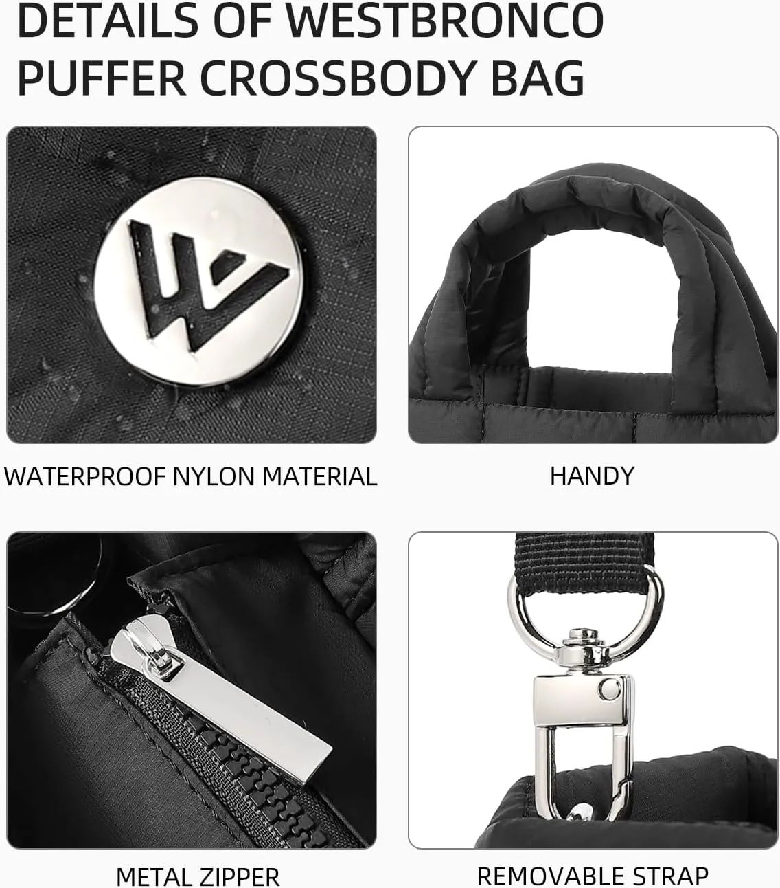 WESTBRONCO Small Puffer Bag Quilted Crossbody Bags for Women Puffy Purse Nylon Shoulder Handbag with Adjustable Strap