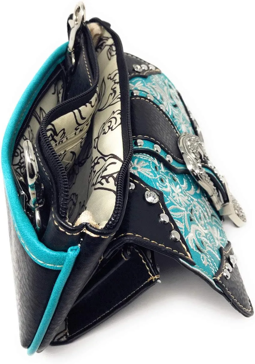 Western Rhinestone Embroidery Wallet Crossbody Clutch Bag Purse in Multi-Way