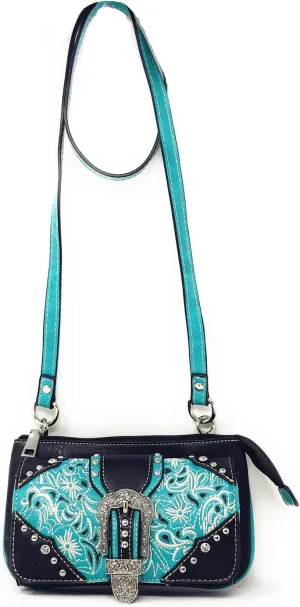 Western Rhinestone Embroidery Wallet Crossbody Clutch Bag Purse in Multi-Way