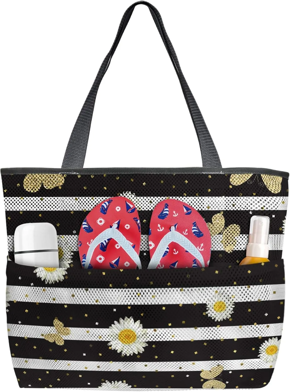 White Daisy Golden Floral Filling Beach Tote Bag, Black White Stripes Backdrop Mesh Beach Bags Waterproof Sandproof, Outdoor Picnic Swim Pool Handbag - Large Beach Bag with Zipper and Pockets
