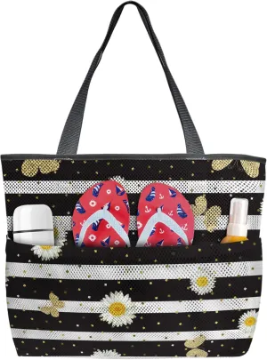 White Daisy Golden Floral Filling Beach Tote Bag, Black White Stripes Backdrop Mesh Beach Bags Waterproof Sandproof, Outdoor Picnic Swim Pool Handbag - Large Beach Bag with Zipper and Pockets