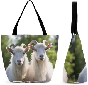 White Goats Farmhouse Womens Tote Bag Purse with Zippered Shoulder Handbags For Work