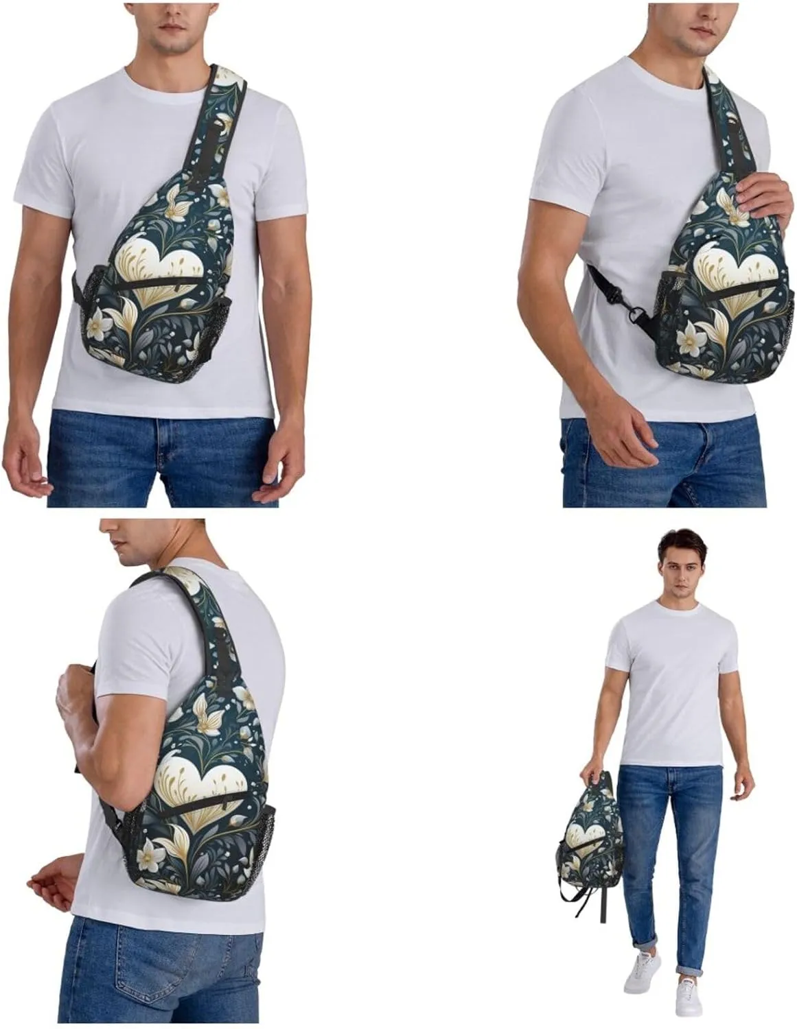 White Heart Shape Sling Bag Crossbody Bag for Women Men Sling Backpack Chest Bag for Hiking Travel