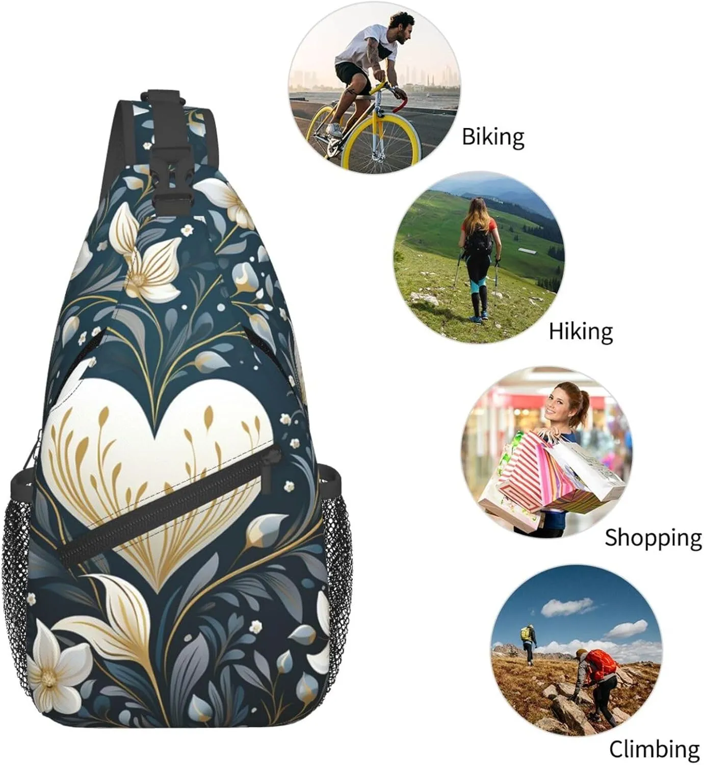 White Heart Shape Sling Bag Crossbody Bag for Women Men Sling Backpack Chest Bag for Hiking Travel