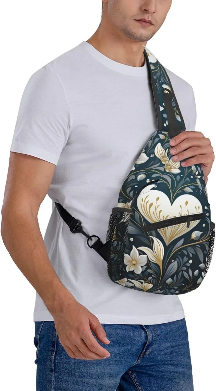 White Heart Shape Sling Bag Crossbody Bag for Women Men Sling Backpack Chest Bag for Hiking Travel