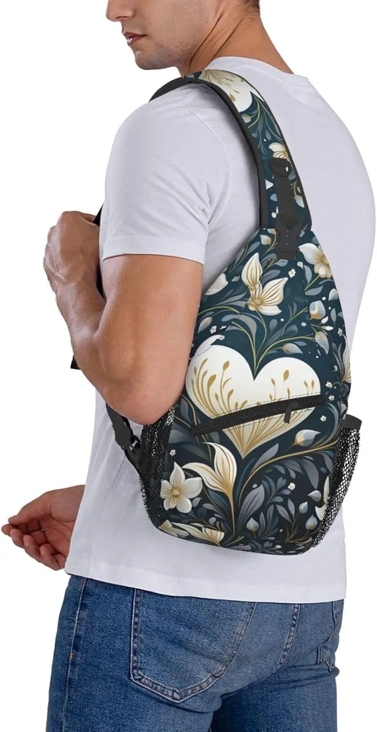 White Heart Shape Sling Bag Crossbody Bag for Women Men Sling Backpack Chest Bag for Hiking Travel