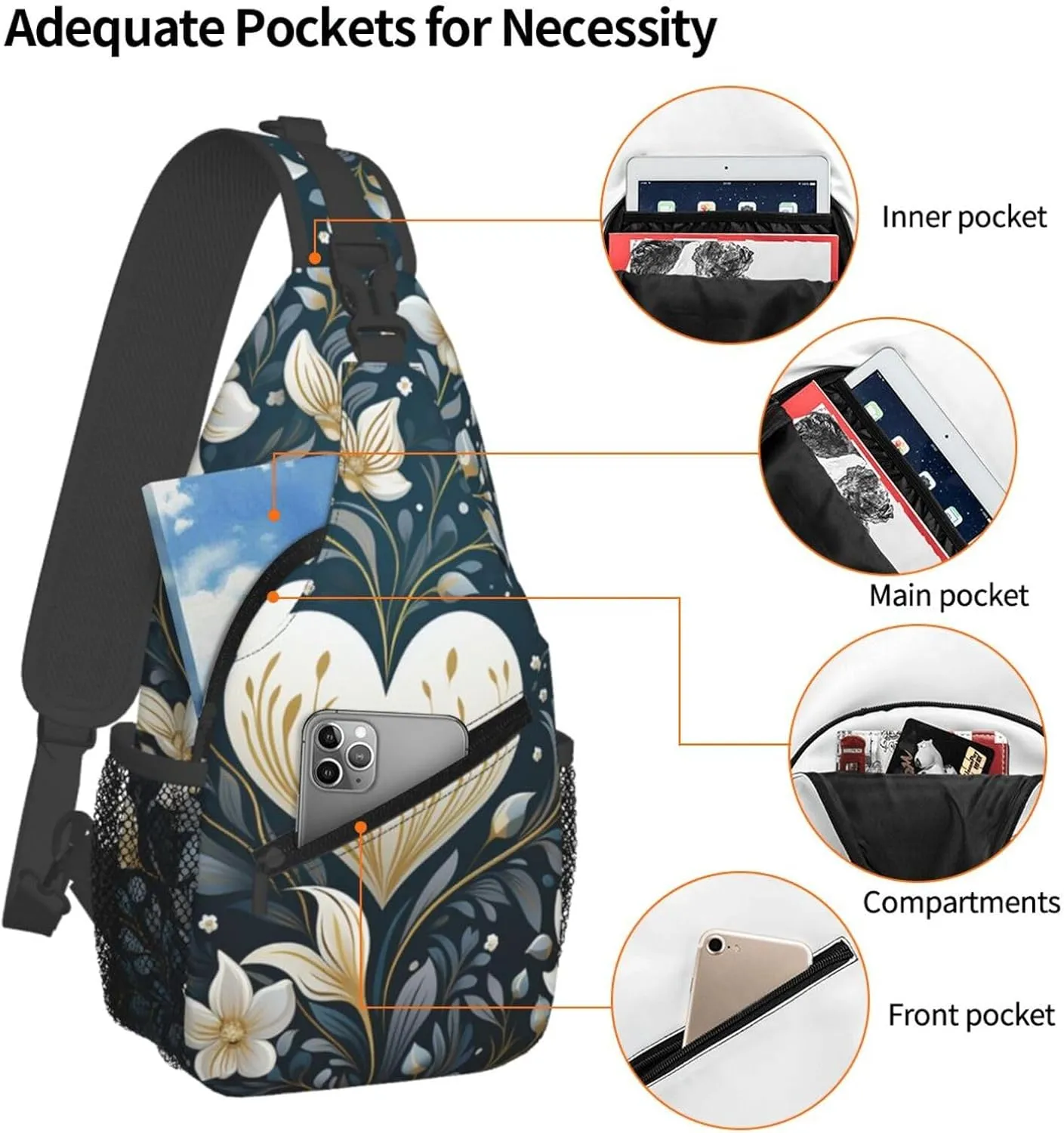 White Heart Shape Sling Bag Crossbody Bag for Women Men Sling Backpack Chest Bag for Hiking Travel