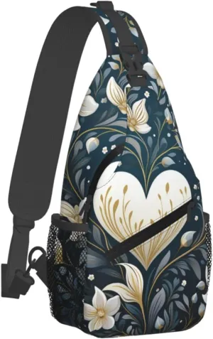 White Heart Shape Sling Bag Crossbody Bag for Women Men Sling Backpack Chest Bag for Hiking Travel