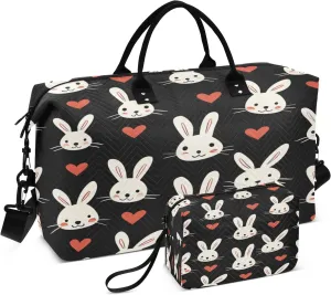 White Rabbit Ears and Hearts Travel Duffel Bags with Toiletry Bag for Travel Gym Yoga Weekender Bag