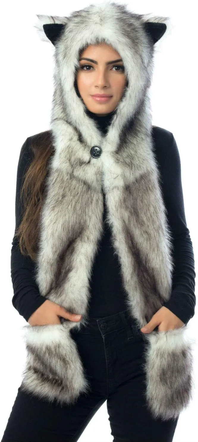 White Wolf Hood Faux Fur Hat with scarfs mittens & paws 3 in 1 by Hatbutik