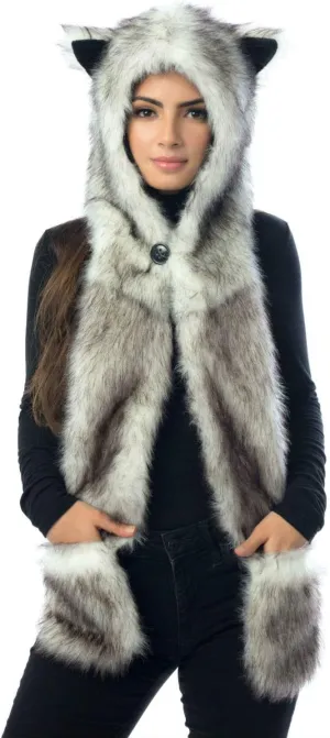 White Wolf Hood Faux Fur Hat with scarfs mittens & paws 3 in 1 by Hatbutik