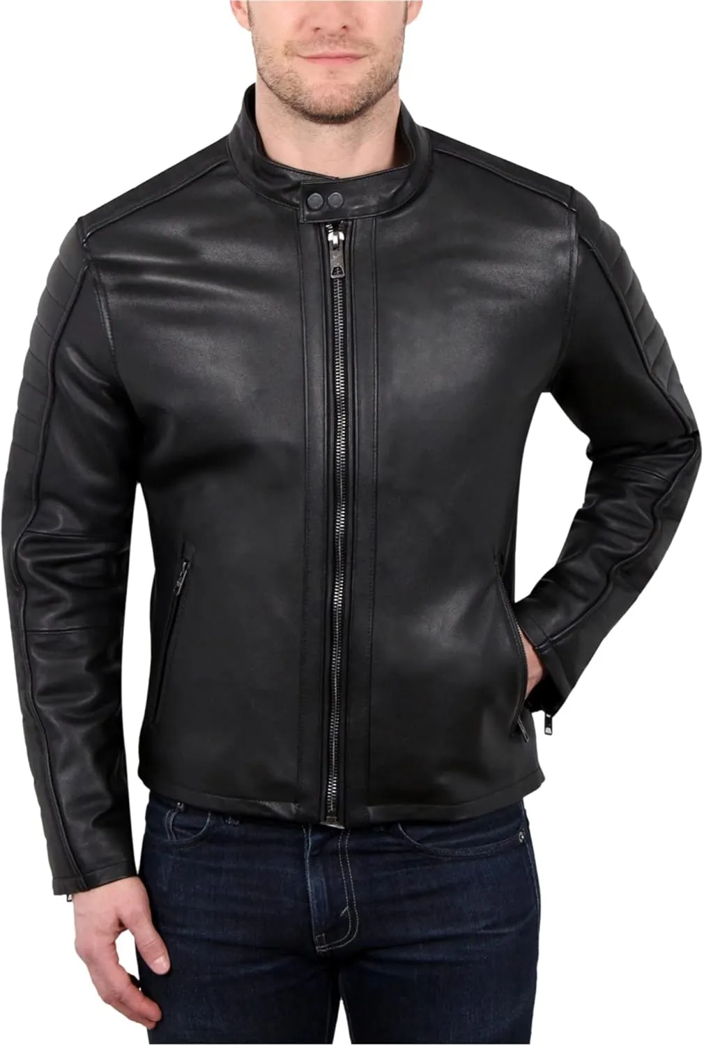 William Rast Mens Leather Motorcycle Jacket, Black, X-Large