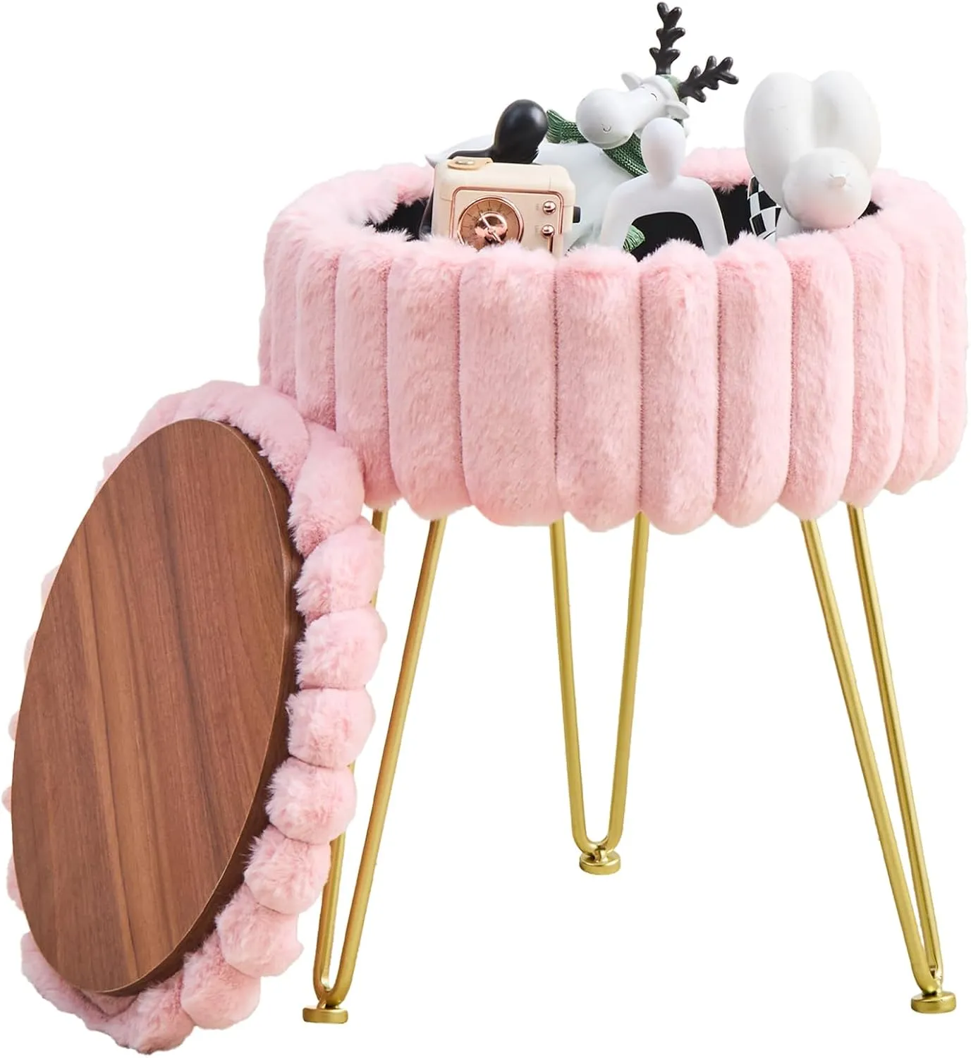 Wimarsbon Round Storage Ottoman Modern Vanity Stool with Metal Legs Faux Fur Upholstery Cushioned Footstool for Extra Seating Small Side Table Footrest Stool Easy Assembly (Pink)