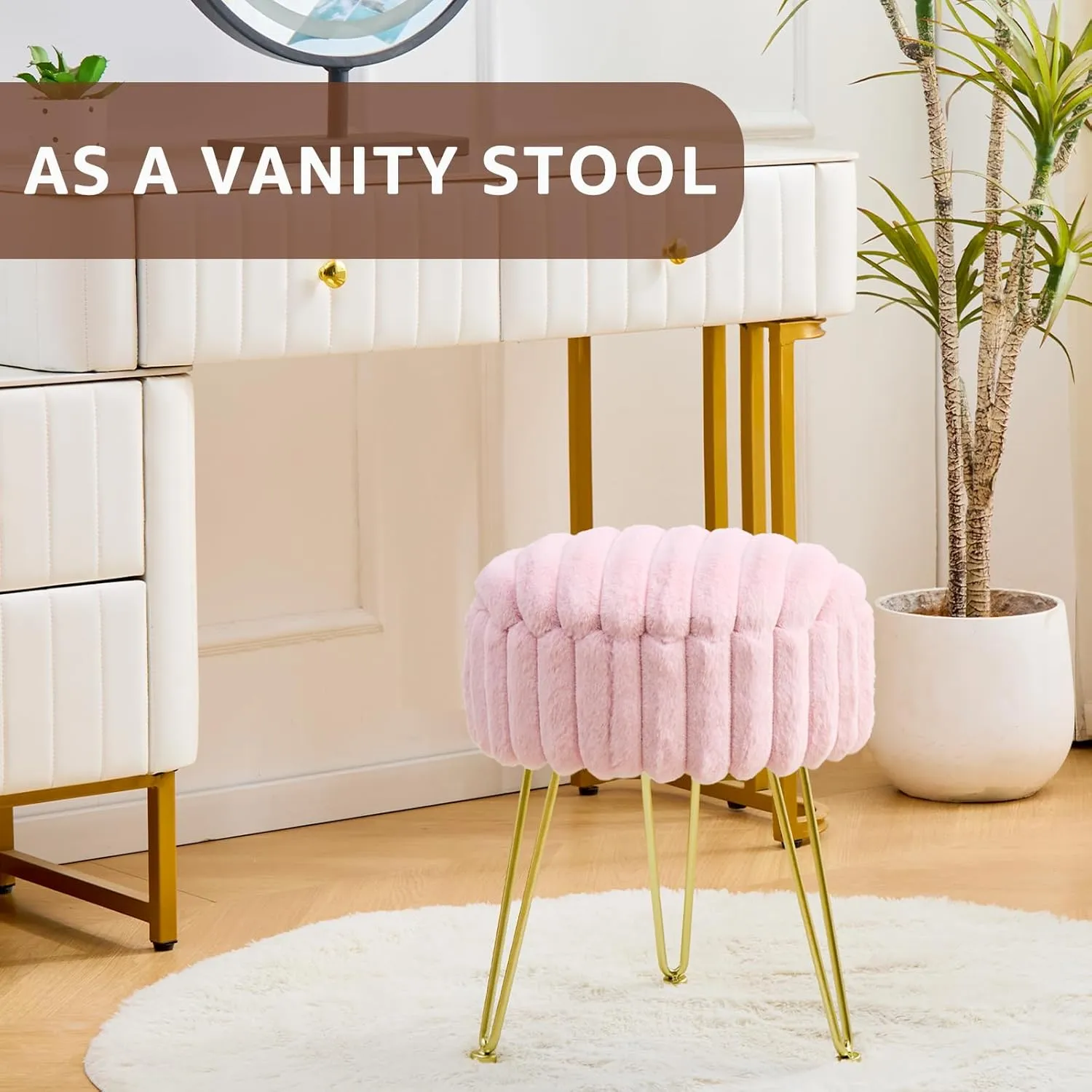 Wimarsbon Round Storage Ottoman Modern Vanity Stool with Metal Legs Faux Fur Upholstery Cushioned Footstool for Extra Seating Small Side Table Footrest Stool Easy Assembly (Pink)