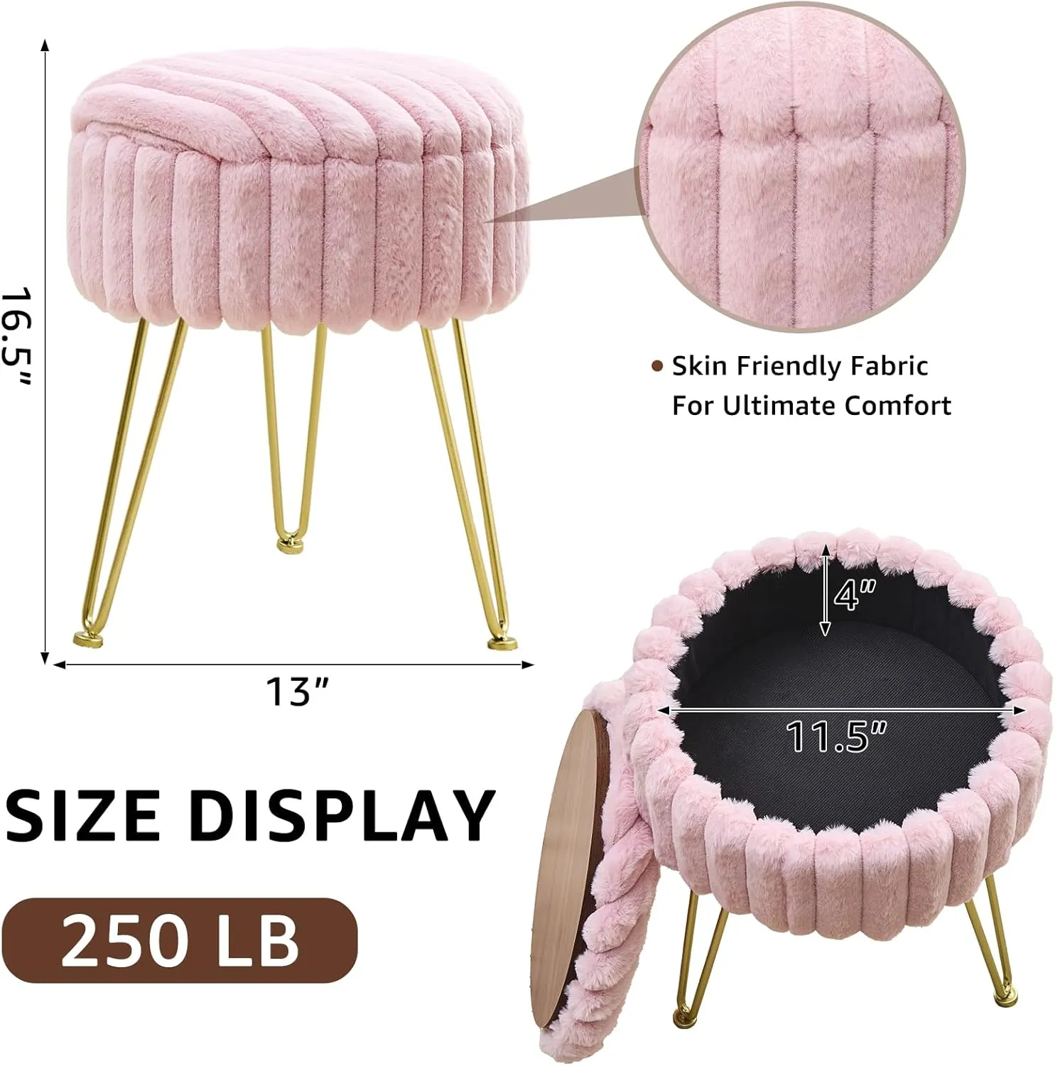 Wimarsbon Round Storage Ottoman Modern Vanity Stool with Metal Legs Faux Fur Upholstery Cushioned Footstool for Extra Seating Small Side Table Footrest Stool Easy Assembly (Pink)