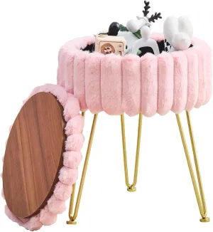Wimarsbon Round Storage Ottoman Modern Vanity Stool with Metal Legs Faux Fur Upholstery Cushioned Footstool for Extra Seating Small Side Table Footrest Stool Easy Assembly (Pink)