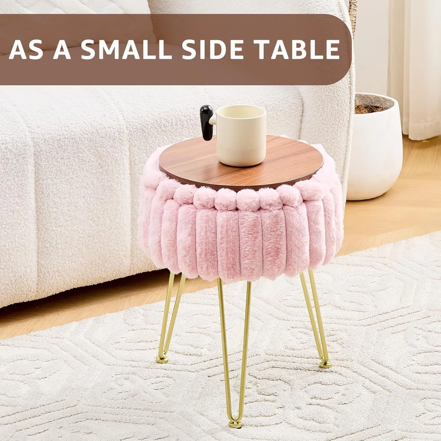Wimarsbon Round Storage Ottoman Modern Vanity Stool with Metal Legs Faux Fur Upholstery Cushioned Footstool for Extra Seating Small Side Table Footrest Stool Easy Assembly (Pink)