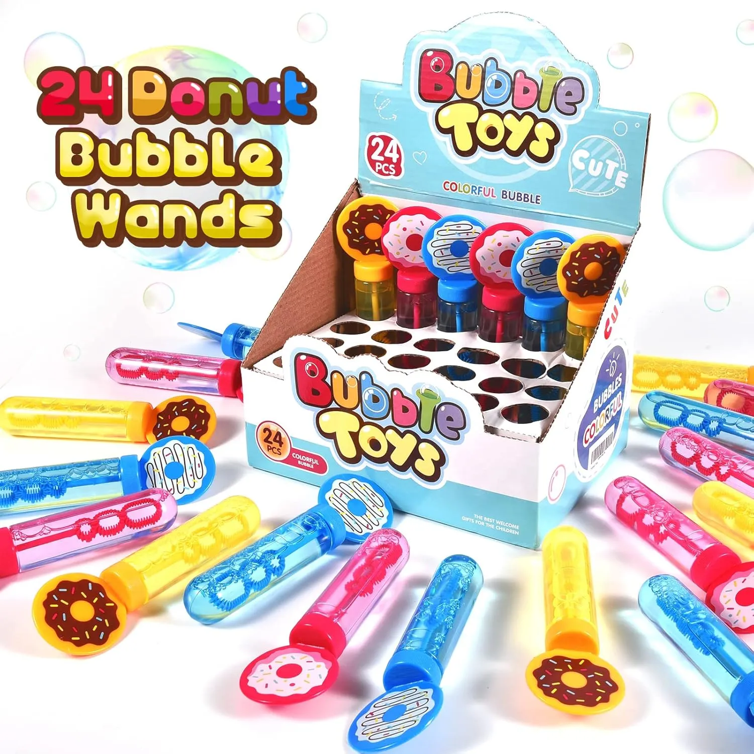 Winrayk Donut Bubble Wands for Kids Party Favors, 24 Large Bubbles Bulk, Carnival Prizes Easter Goody Bag Stuffers Pinata Filler Birthday Gift, Girls Boys Summer Beach Outdoor Toys Donut Party Favors