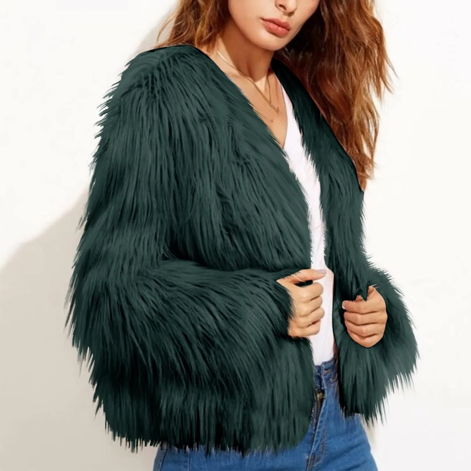 Winter Jackets for Women Open Front Faux Fur Coat Womens Fringe Jacket Fluffy Cardigan Long Sleeve Outwear Shaggy Jacket