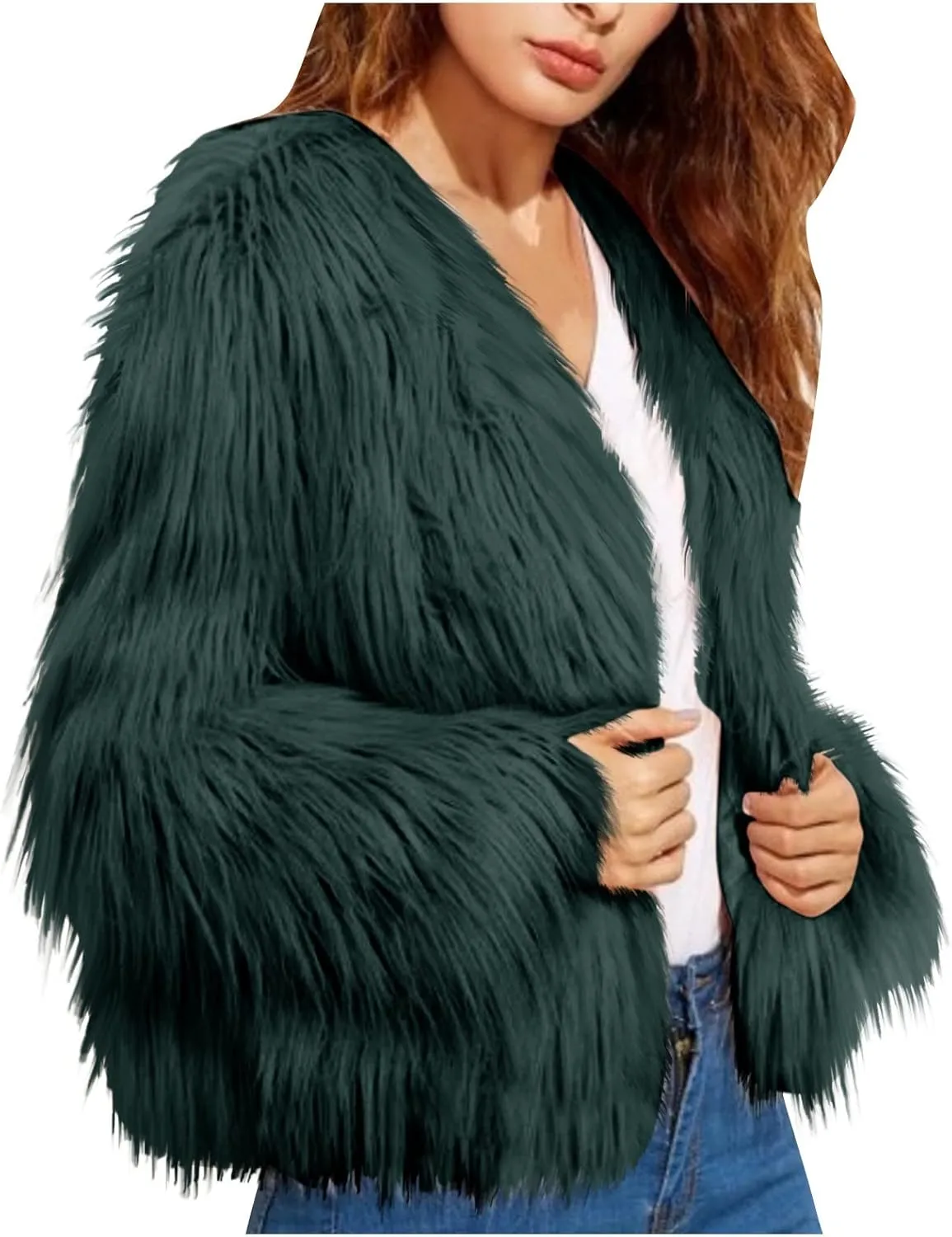 Winter Jackets for Women Open Front Faux Fur Coat Womens Fringe Jacket Fluffy Cardigan Long Sleeve Outwear Shaggy Jacket