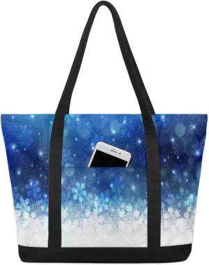 Winter Theme Snowflakes Tote Bag Tote Bag for Women Reusable Grocery Shopping Cloth Bags with Zipper Large Capacity Foldable Handbag Gym Bag for Gift Activity