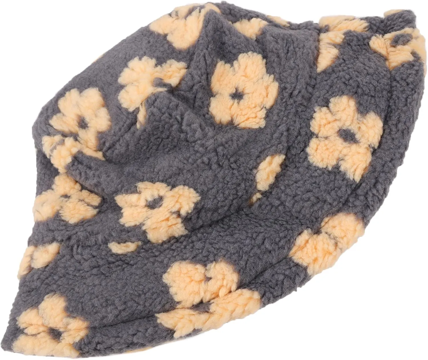 Winter Warm Plush Fuzzy Bucket Hat Faux Fur Daisy Flowers Shearling Fisherman Hats for Women