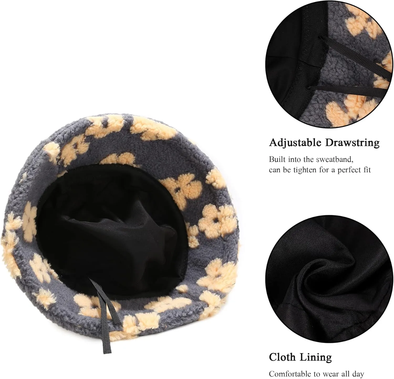 Winter Warm Plush Fuzzy Bucket Hat Faux Fur Daisy Flowers Shearling Fisherman Hats for Women