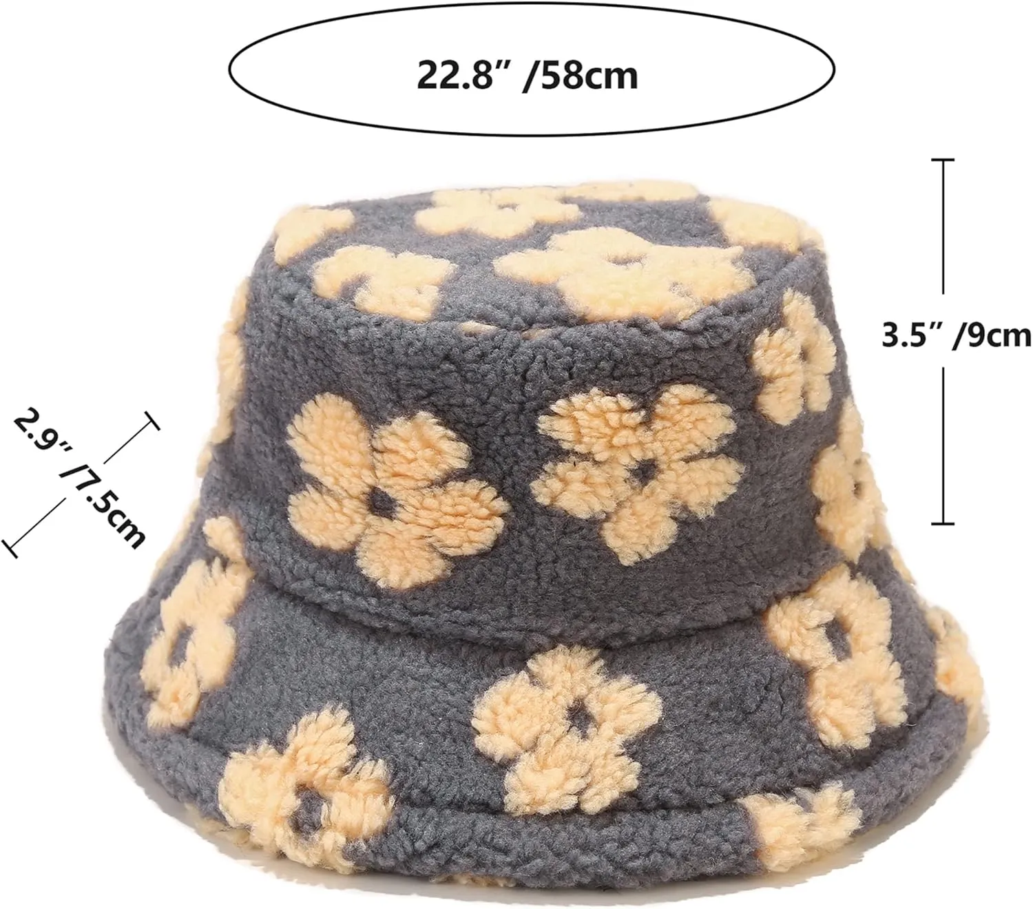 Winter Warm Plush Fuzzy Bucket Hat Faux Fur Daisy Flowers Shearling Fisherman Hats for Women