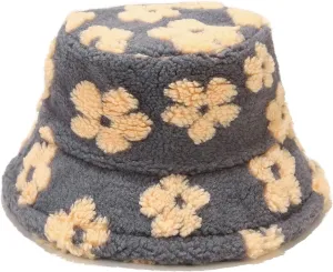 Winter Warm Plush Fuzzy Bucket Hat Faux Fur Daisy Flowers Shearling Fisherman Hats for Women