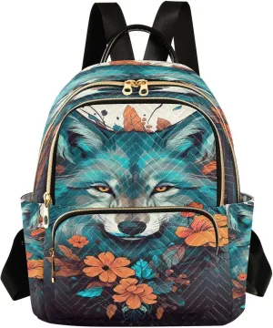 Wolf Flower Backpack Purse for Women Fashion Small Mini Daypack Purse for Lady Anti-theft Shoulder Bag with Double Zipper Weekend Bag