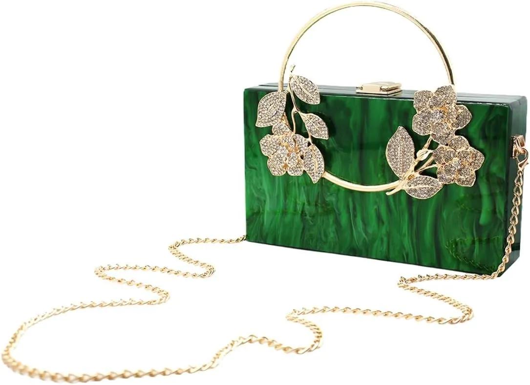 Women Acrylic Evening Clutch Marble Pattern Carved Circle Handle Handbag Square Box Bag for Evening Cocktail Prom