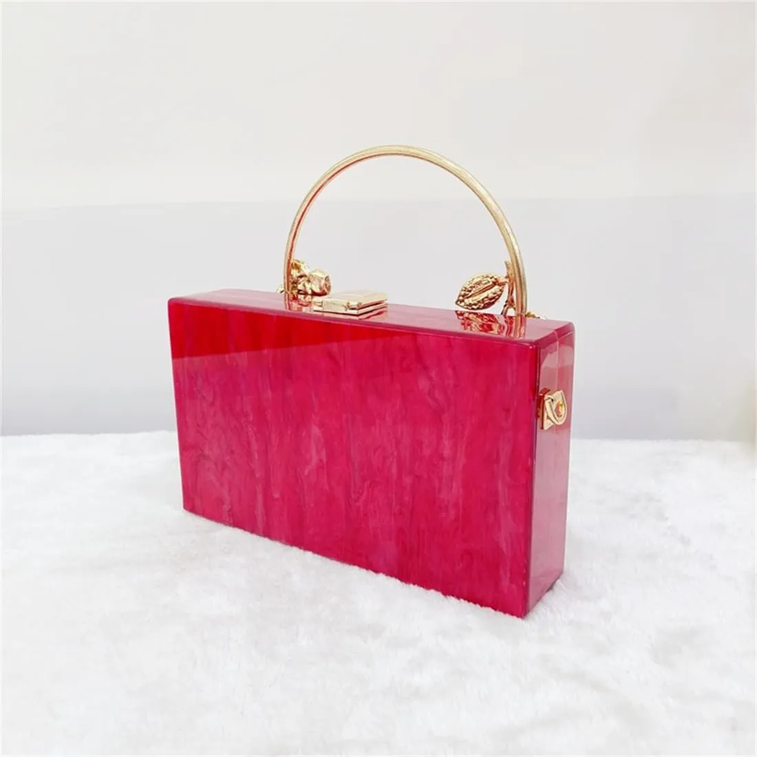 Women Acrylic Evening Clutch Marble Pattern Carved Circle Handle Handbag Square Box Bag for Evening Cocktail Prom