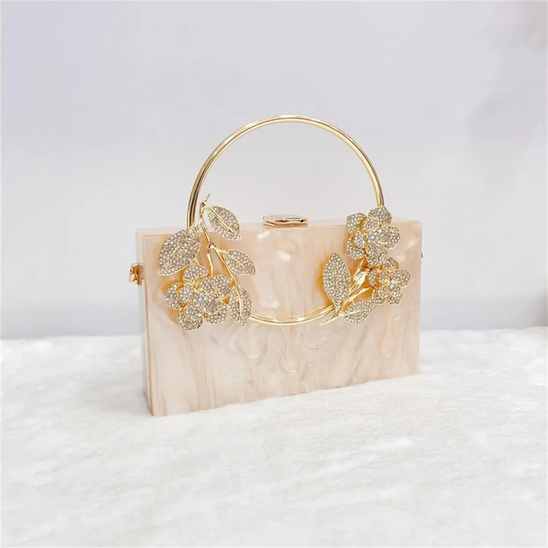 Women Acrylic Evening Clutch Marble Pattern Carved Circle Handle Handbag Square Box Bag for Evening Cocktail Prom