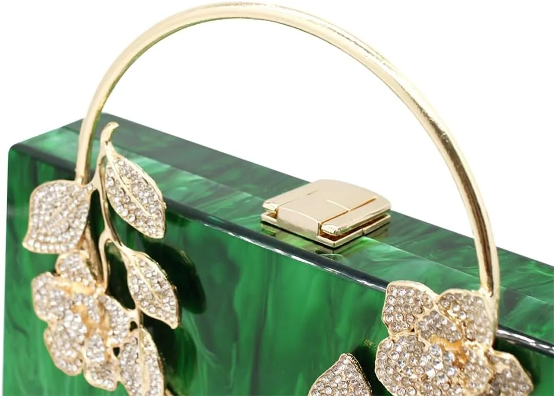 Women Acrylic Evening Clutch Marble Pattern Carved Circle Handle Handbag Square Box Bag for Evening Cocktail Prom