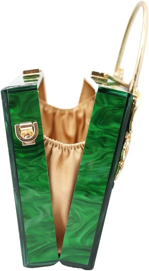 Women Acrylic Evening Clutch Marble Pattern Carved Circle Handle Handbag Square Box Bag for Evening Cocktail Prom